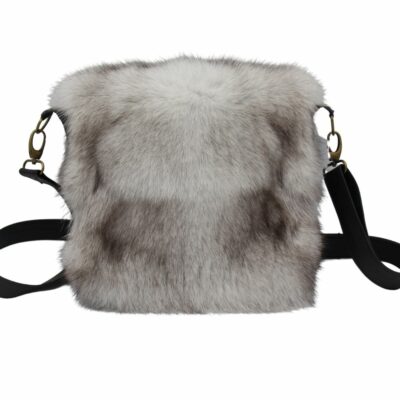 Handbag made in Quebec in black leather and blue fox