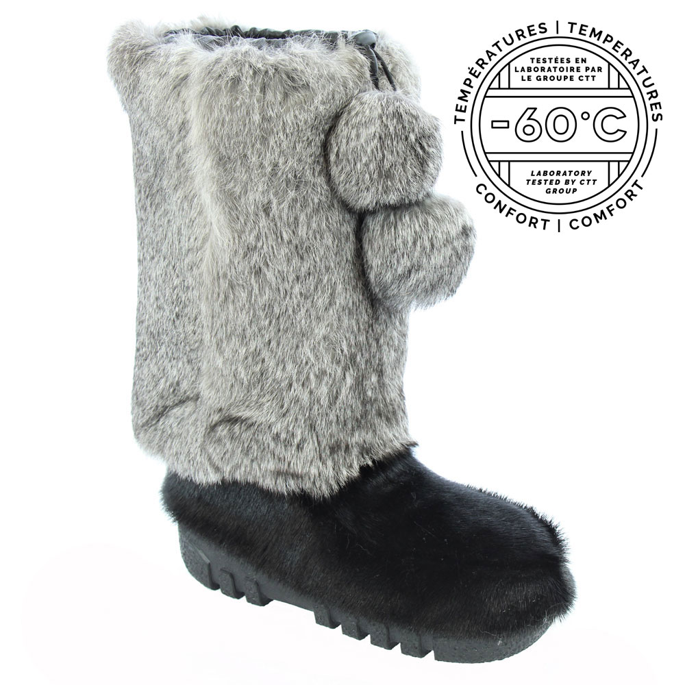 Bottes en fourrure de loup marin avec jambe en lapin gris et pompons