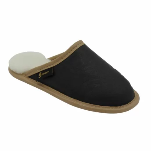 Best house slippers in leather and sheepskin - black with tan trim, made in Canada