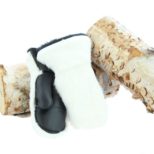Fur mittens in white rabbit black leather -Quality warmth FG - Main Image