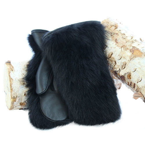 black raccoon fur mittens outdoor model