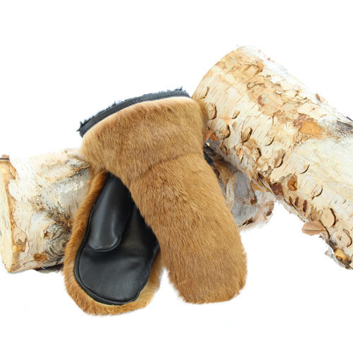 sheepskin mittens caramel rabbit fur outdoor