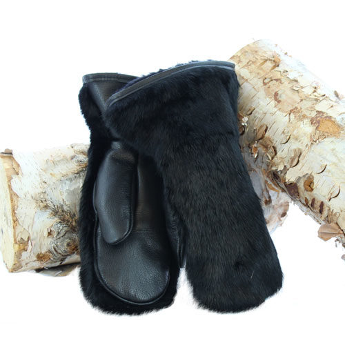 warm mittens in black rabbit outdoor