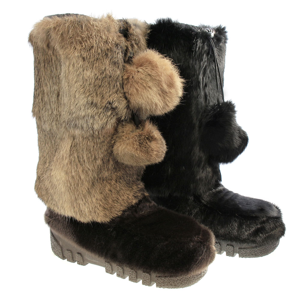 Rabbit Fur and Seal Skin Pompoms Boots 